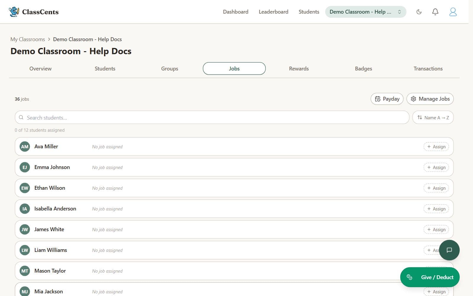 The jobs tab: thirty-six classroom jobs, a list of students to assign them to, and a Payday button