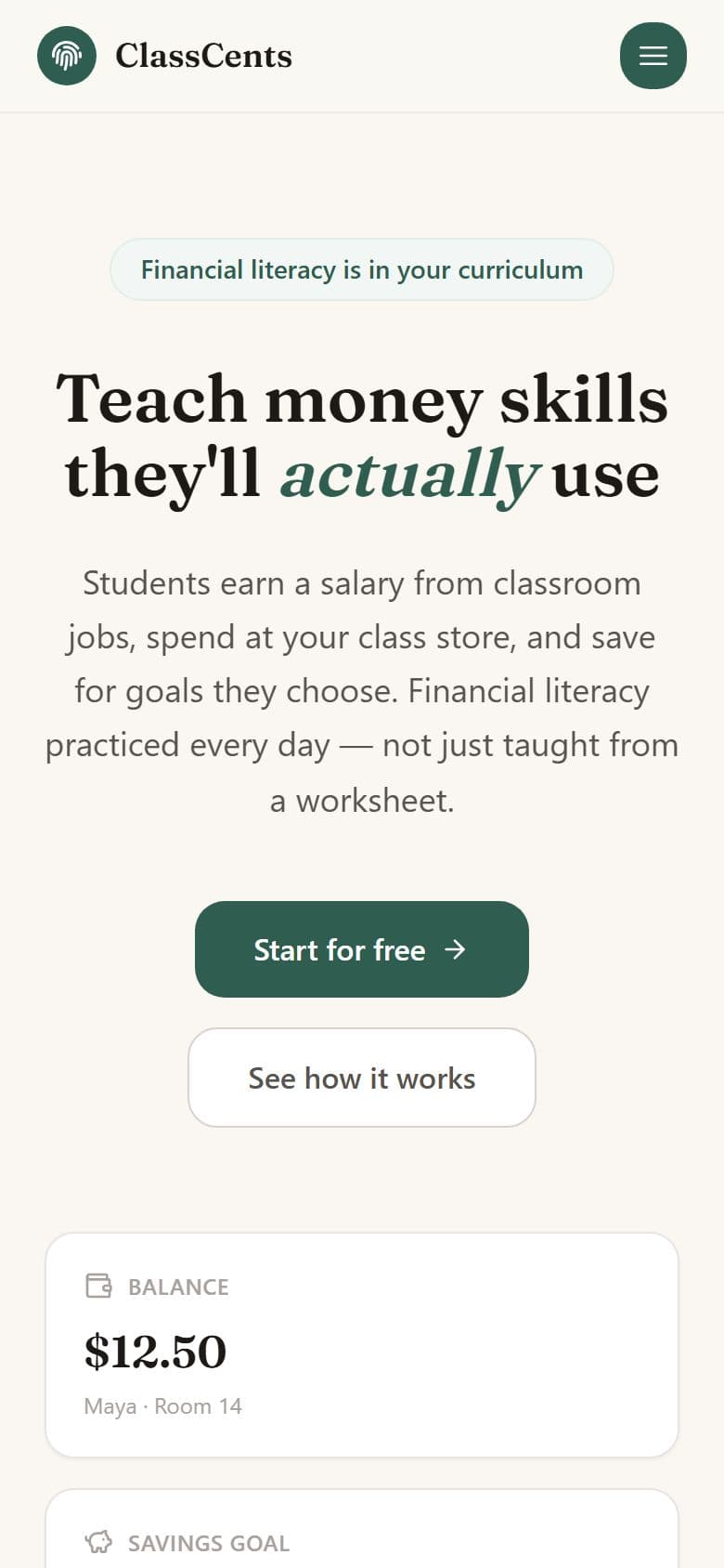 The ClassCents homepage on a phone