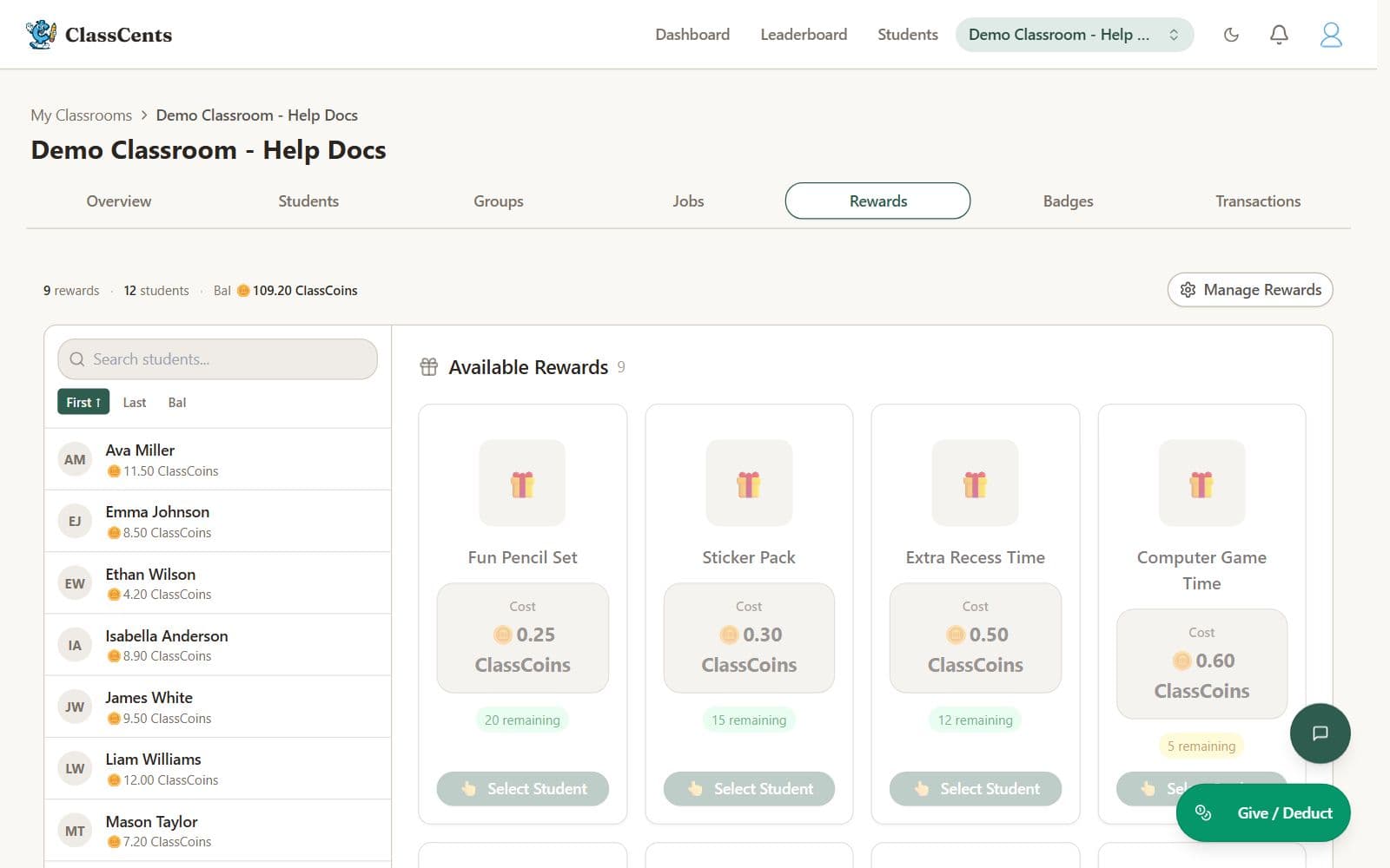 The rewards tab: a store of items such as a pencil set, sticker pack, extra recess and computer game time, each priced in ClassCoins with a remaining count
