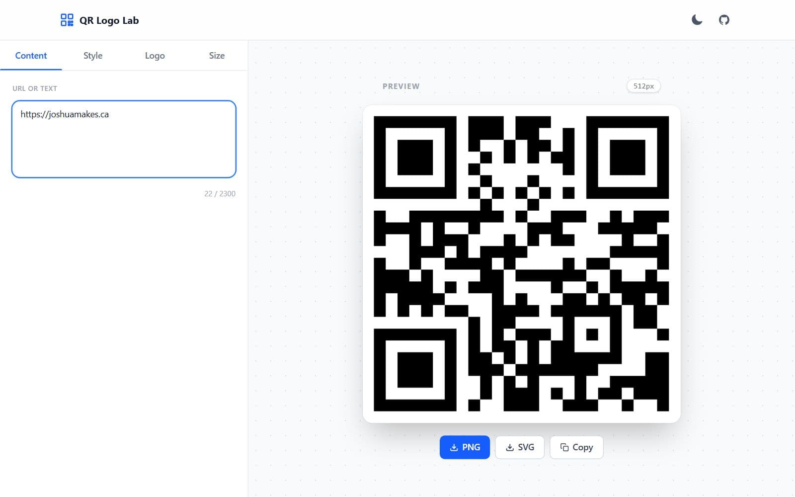 QR Logo Lab with a web address entered and the QR code previewed beside it