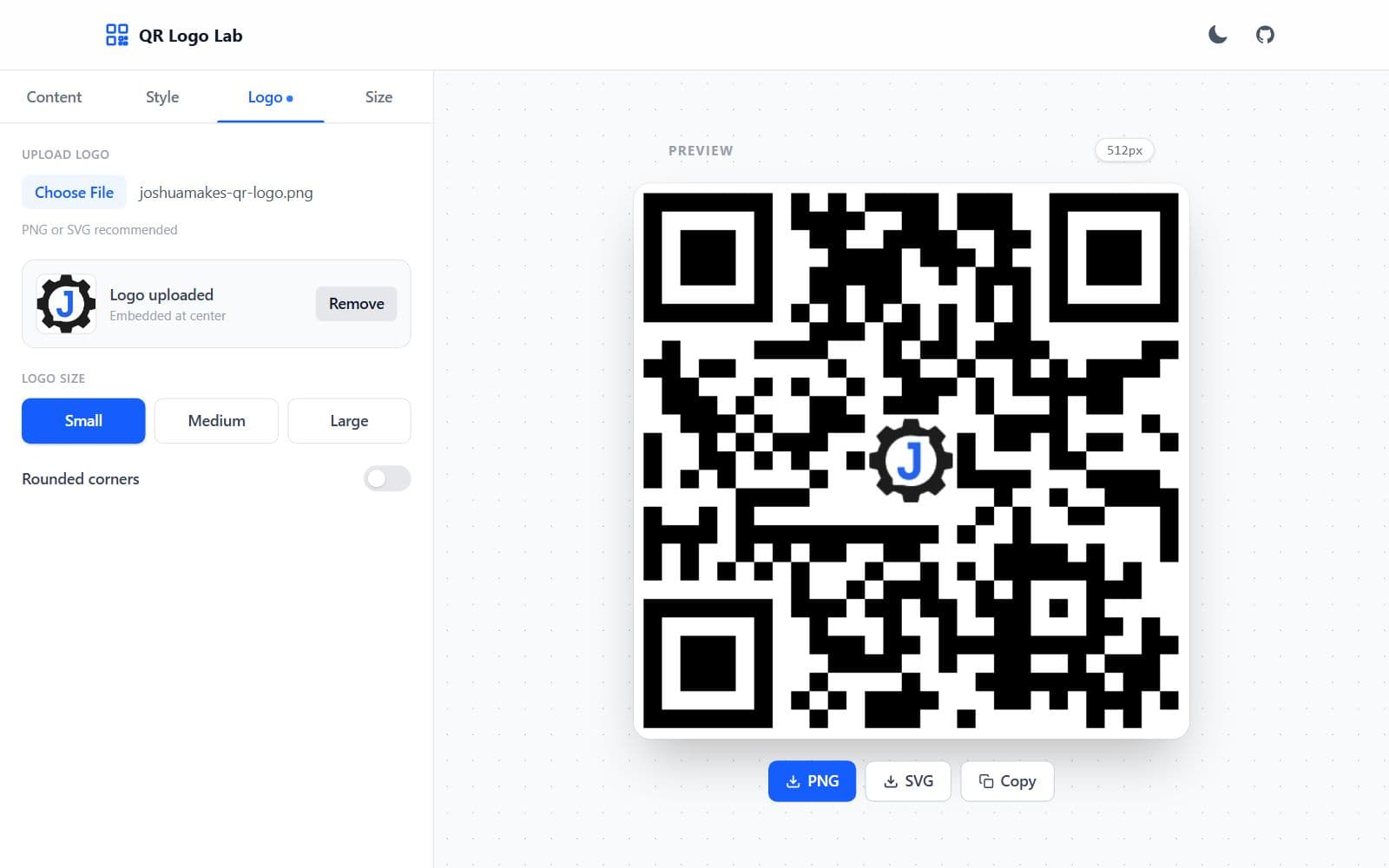 The Logo tab with a logo uploaded, shown at the centre of the QR code