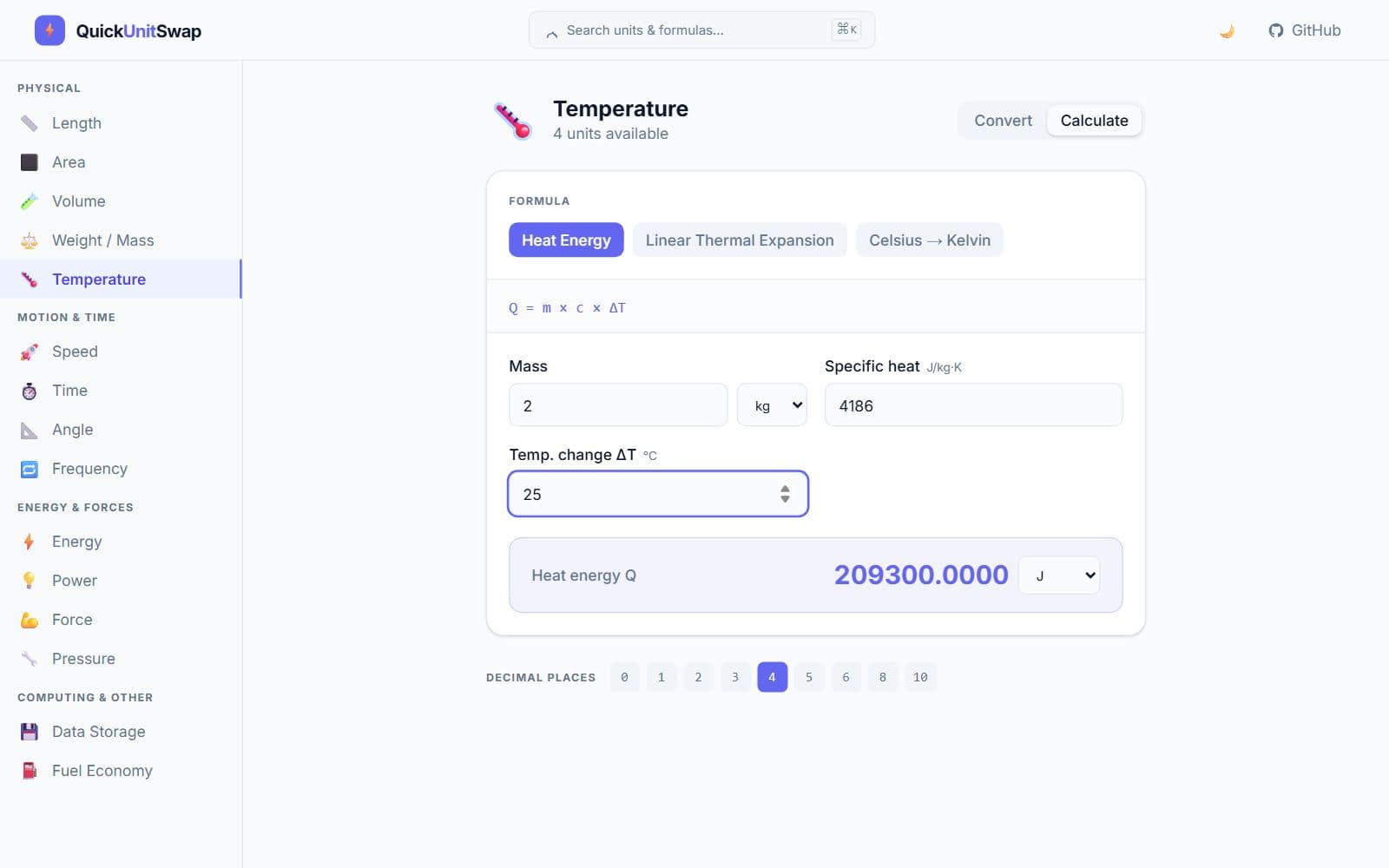 The heat energy calculator: 2 kg, specific heat 4186, a 25 degree change, giving 209,300 joules