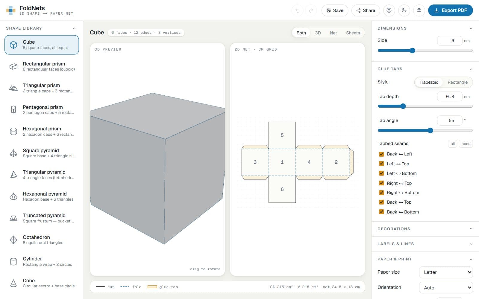 FoldNets with a cube: the 3D preview beside its 2D net, with glue tabs and numbered faces