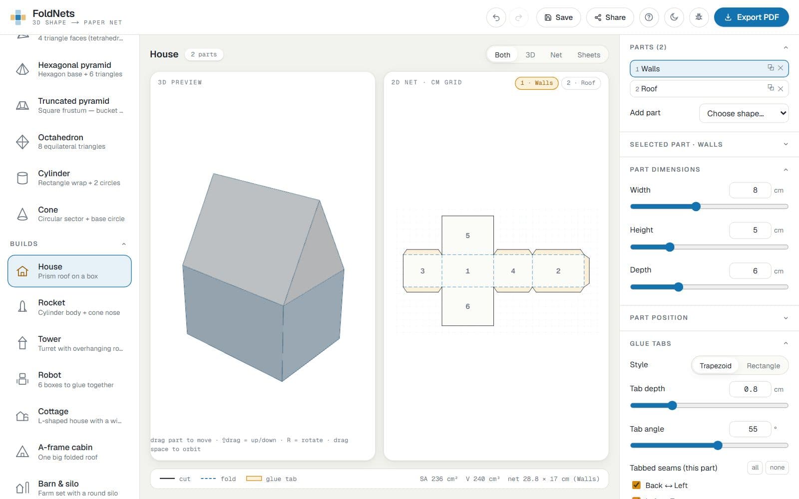 A house build: a box with a prism roof, listed as two parts, with the walls’ net shown