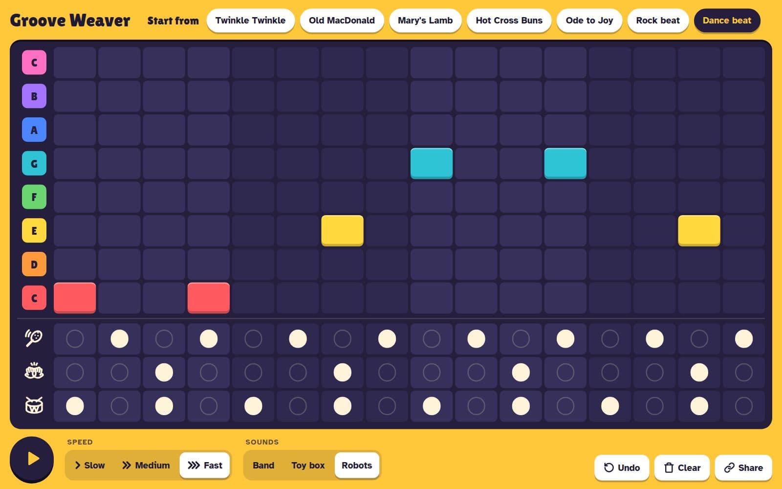 The Dance beat loaded with the Robots sound set: a steady drum pattern under a short melody