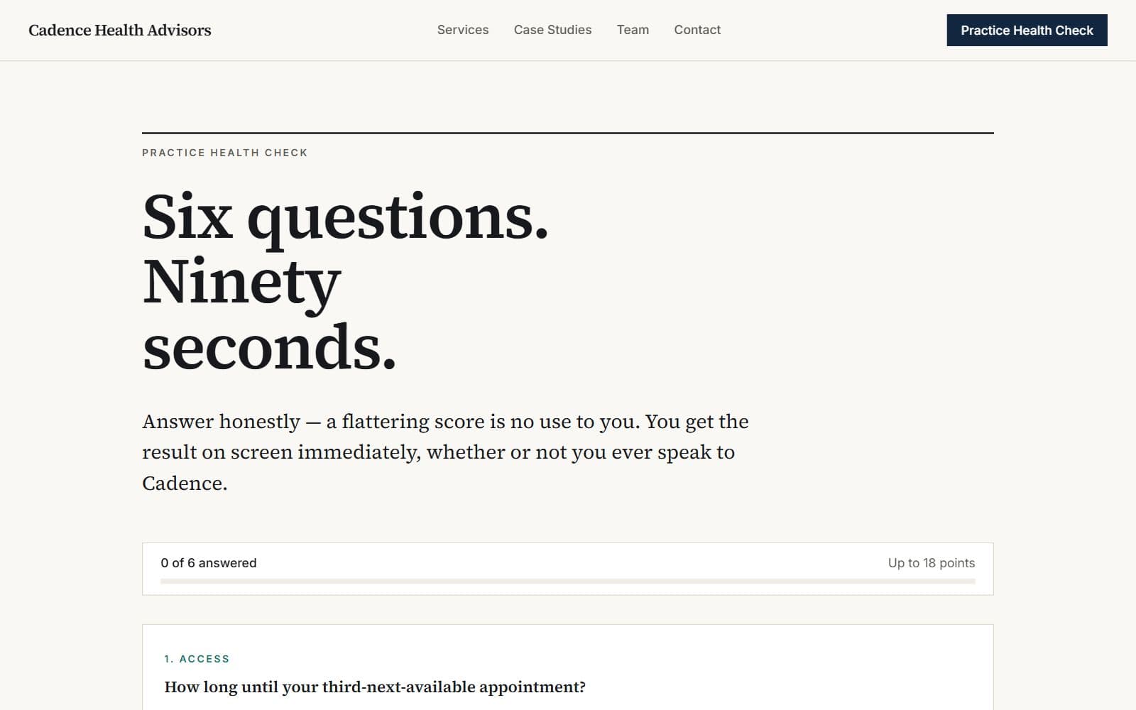 The Practice Health Check: six questions, ninety seconds, with a progress bar and the first question about appointment access