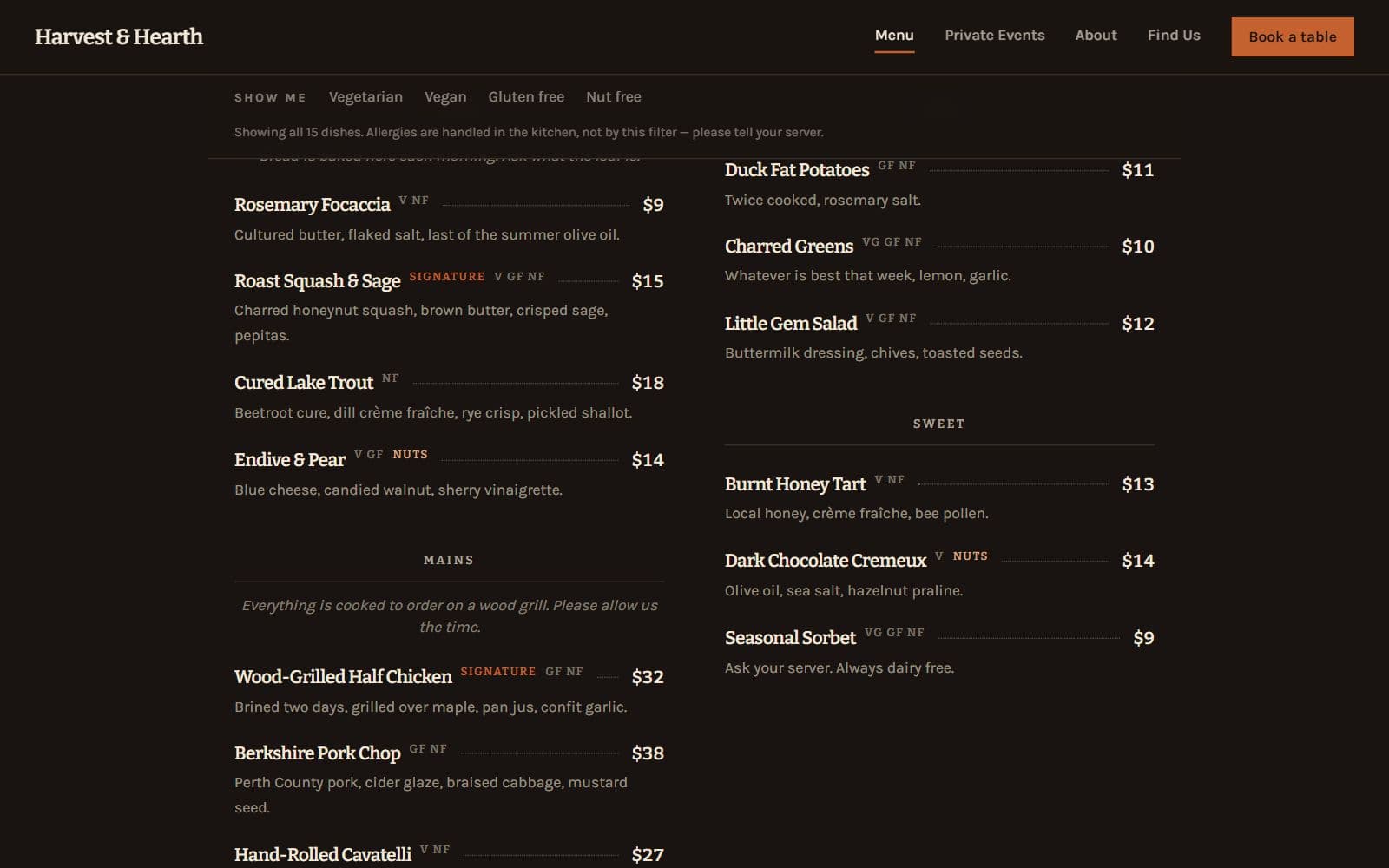 The menu in two columns with dotted leaders to each price and small dietary marks beside dish names