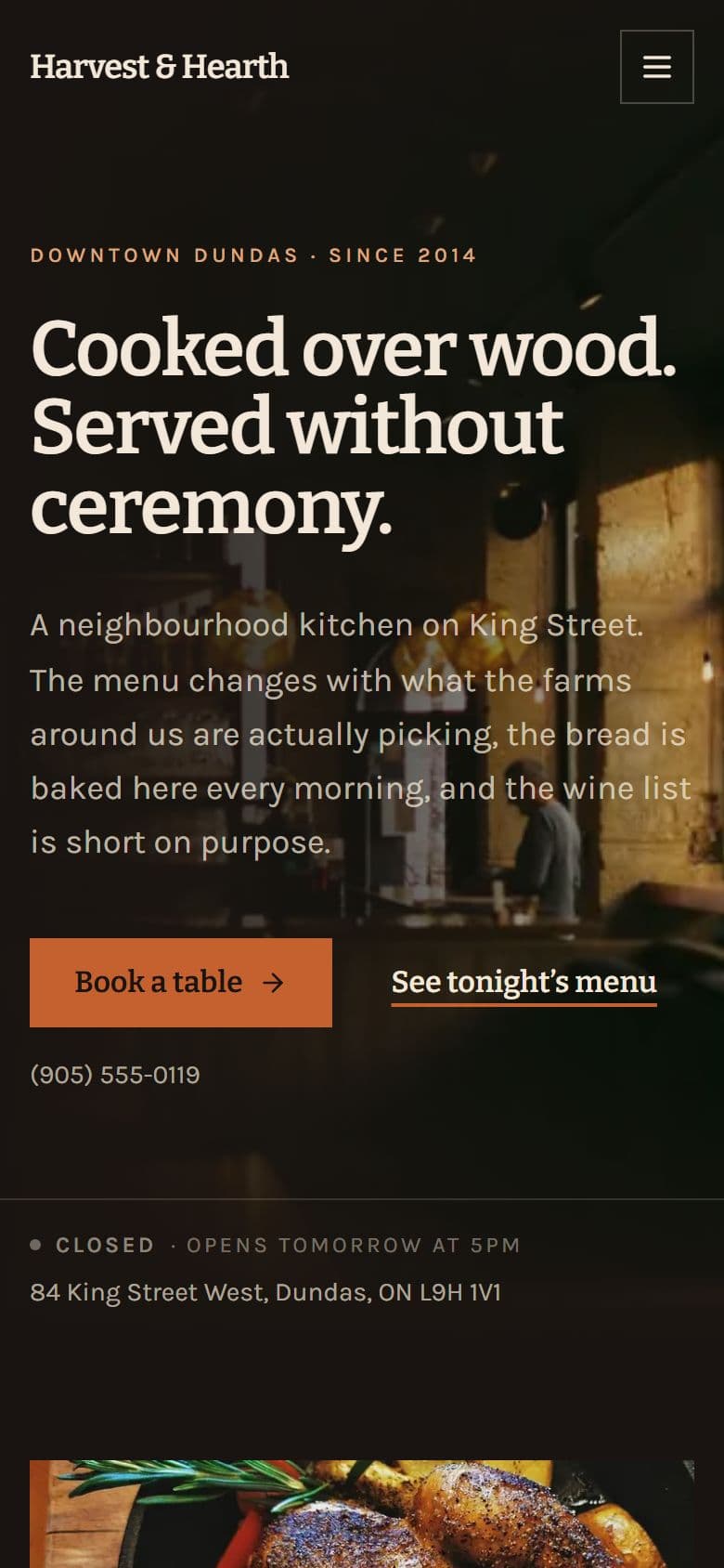 The Harvest & Hearth homepage on a phone