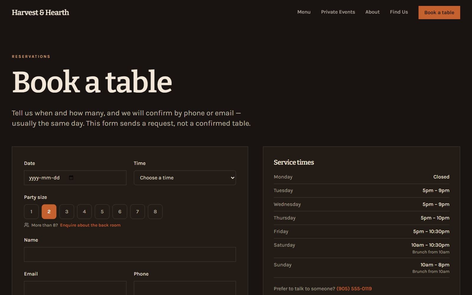 The booking form with date, time and party size, beside a table of service times for each day