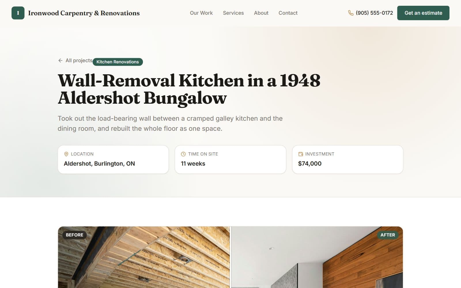 A project page for a kitchen renovation, listing location, time on site and investment above a before-and-after photo