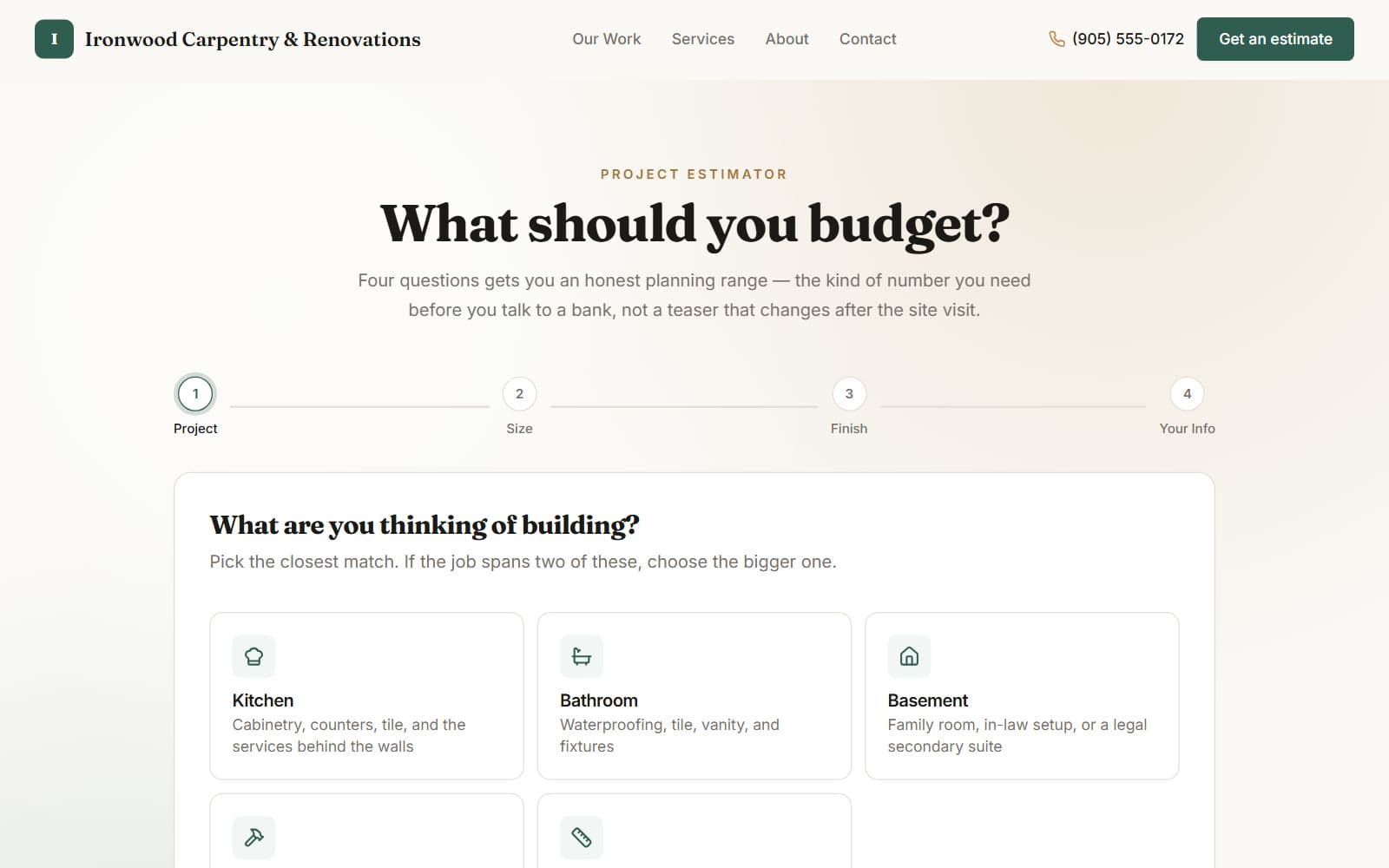 The project estimator, step one of four: choosing kitchen, bathroom, basement or another kind of project