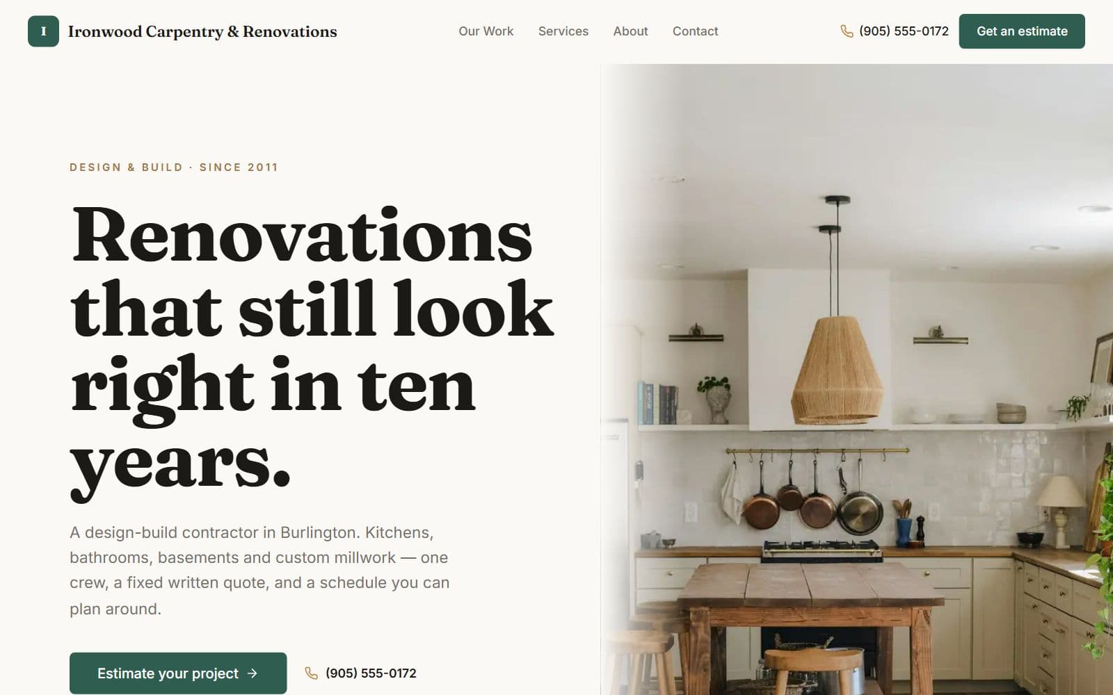 Ironwood Carpentry homepage: a finished kitchen beside the headline “Renovations that still look right in ten years”