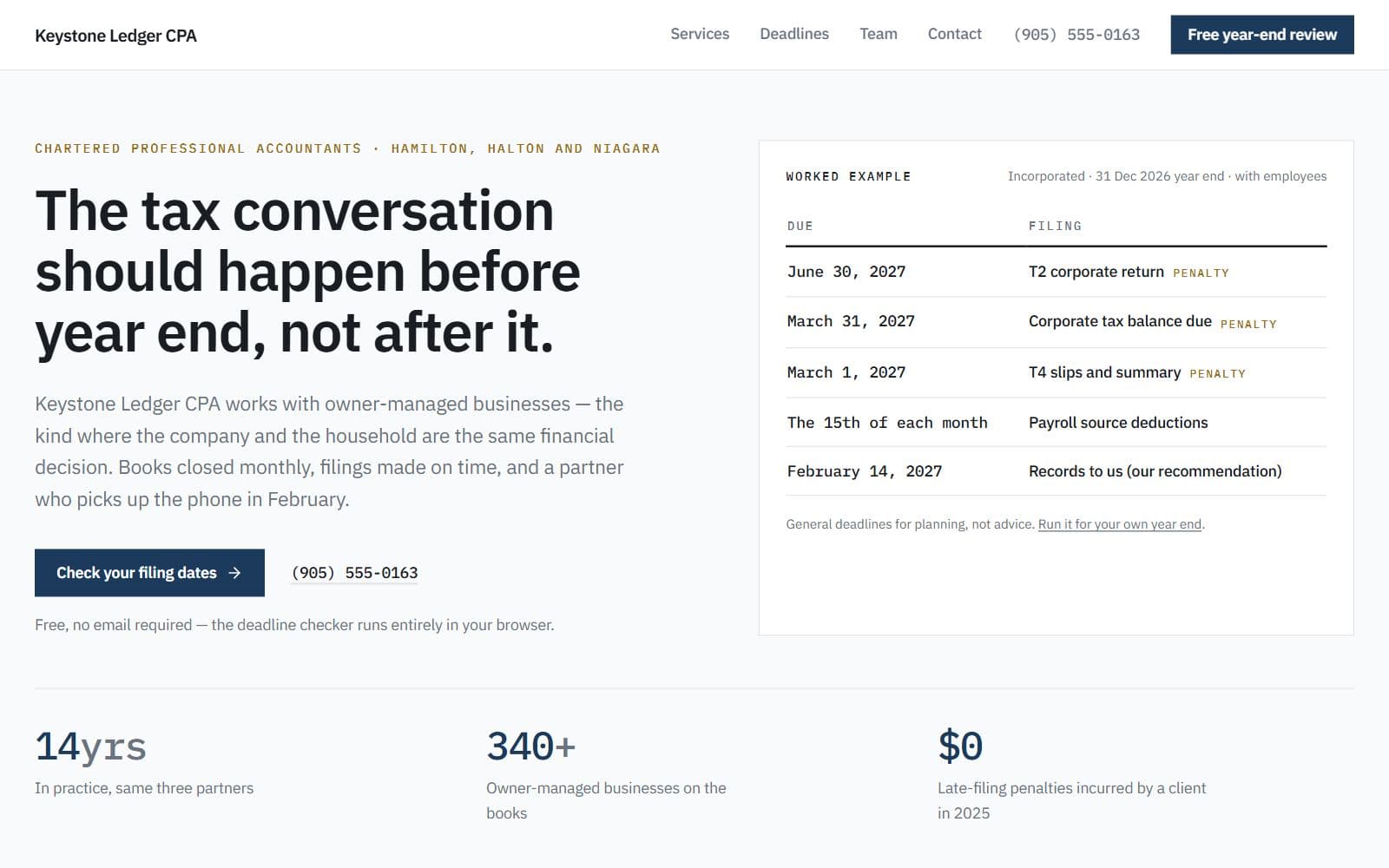 Keystone homepage: the headline “The tax conversation should happen before year end, not after it” beside a table of filing dates for a sample business