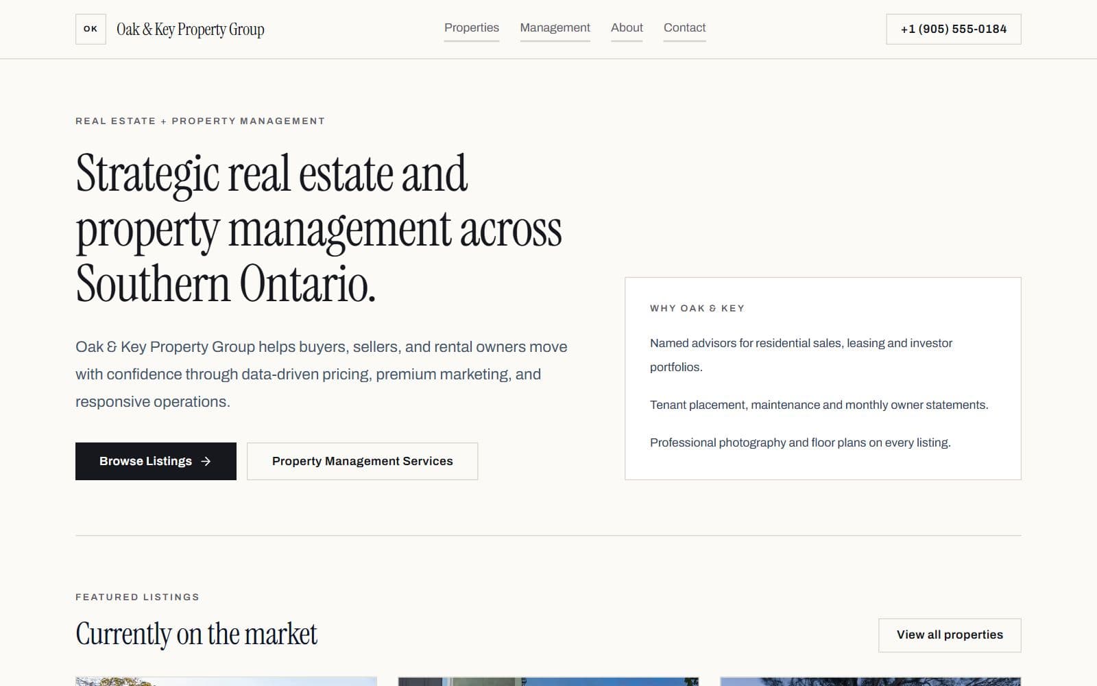 Oak & Key homepage: the headline “Strategic real estate and property management across Southern Ontario”