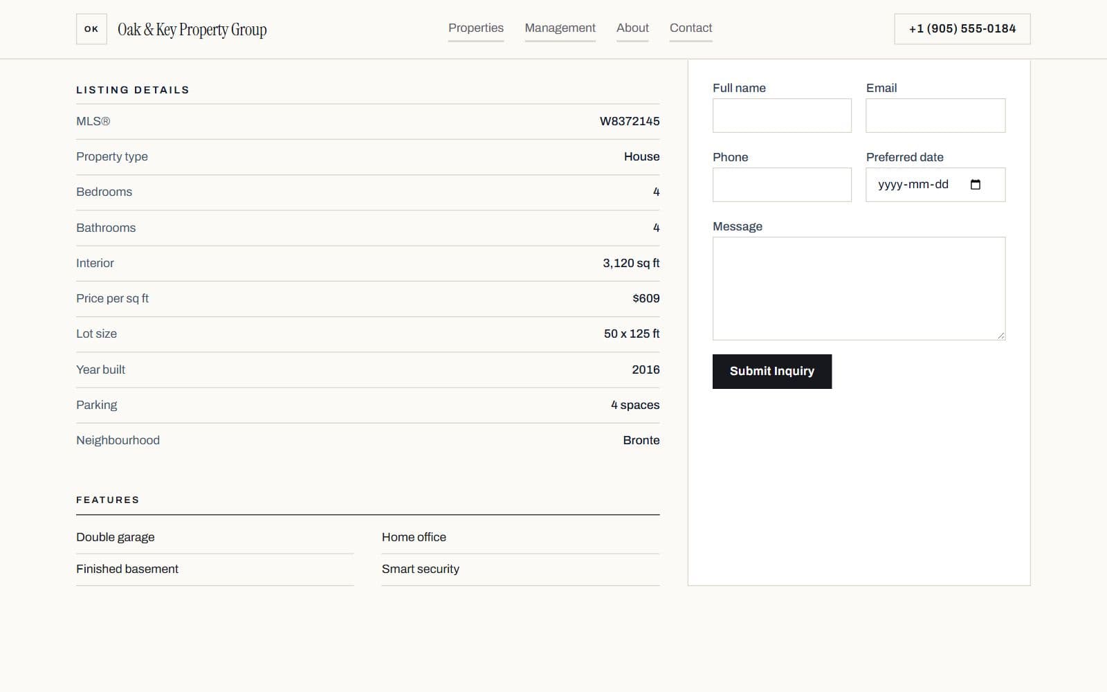 A listing’s detail table: MLS number, property type, bedrooms, bathrooms, interior, price per square foot, lot size, year built, parking and neighbourhood, beside an enquiry form