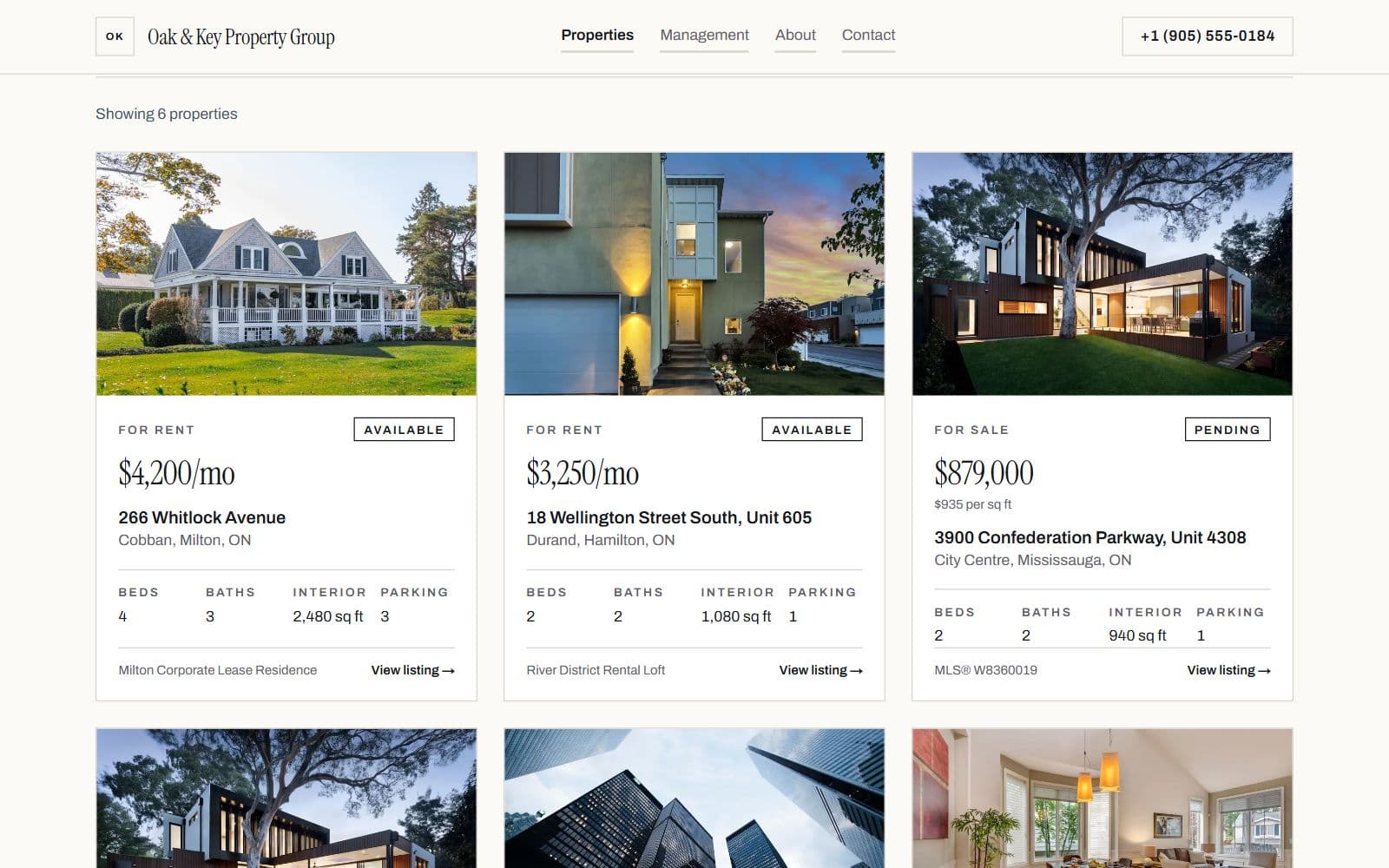 The listings page: property cards showing monthly rents, a sale price with price per square foot, and labelled beds, baths, interior size and parking