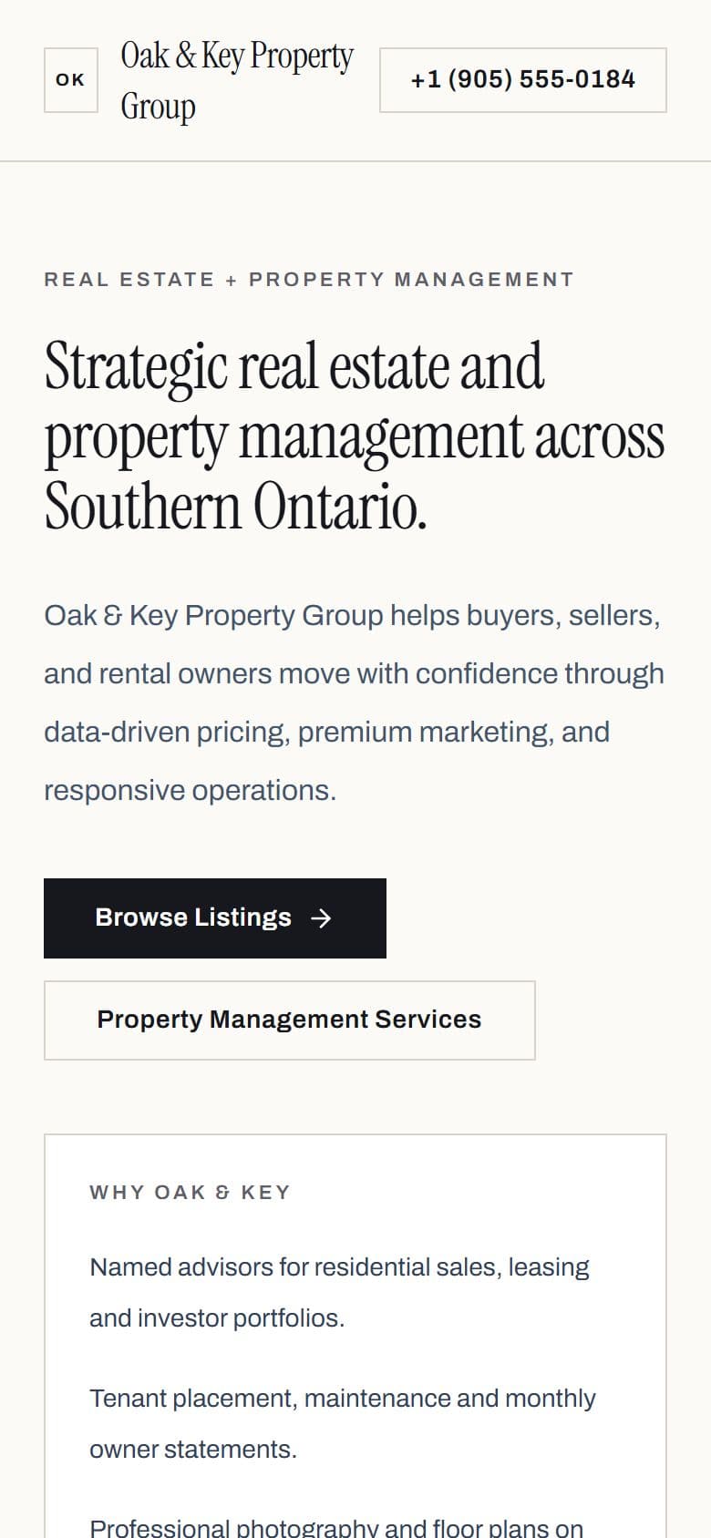 The Oak & Key homepage on a phone
