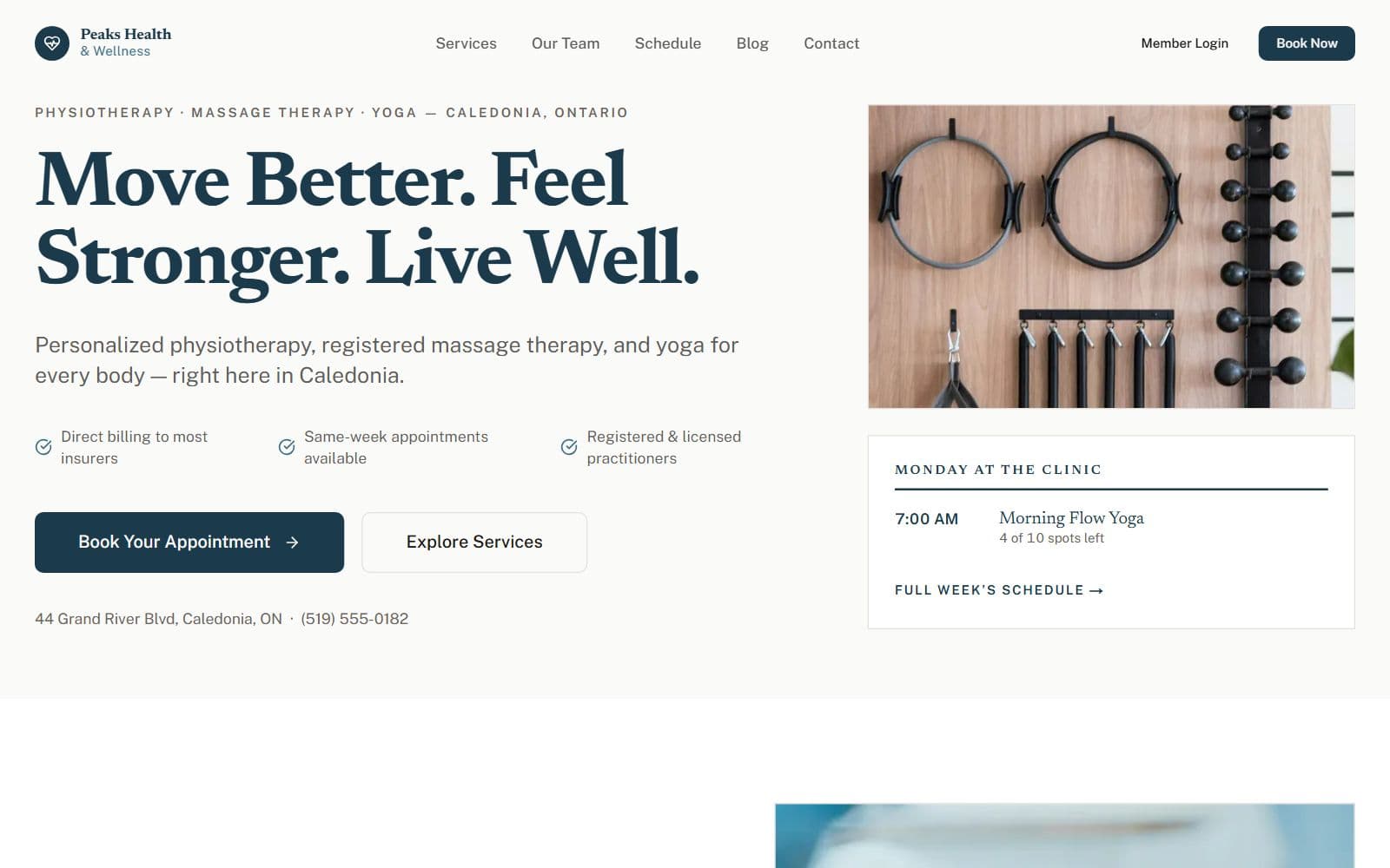 Peaks homepage: the headline “Move Better. Feel Stronger. Live Well.” beside today’s classes with spots remaining