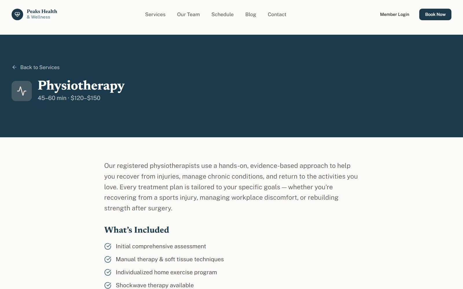 The physiotherapy service page, showing session length and price and what is included