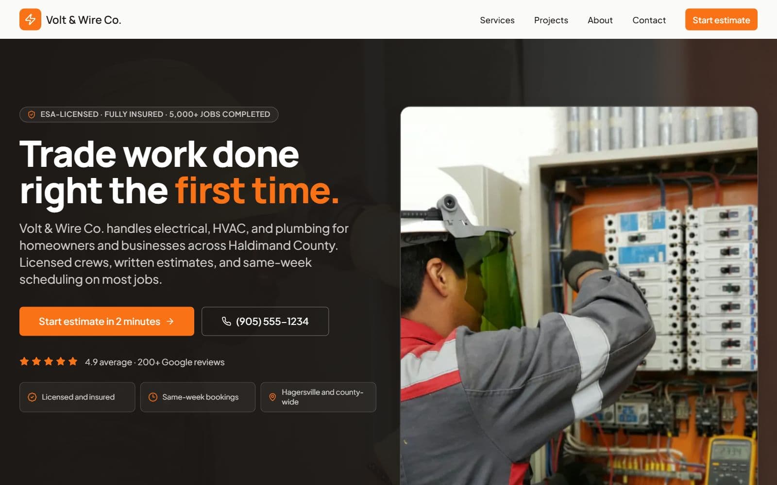 Volt & Wire homepage: an electrician working on a panel beside the headline “Trade work done right the first time”