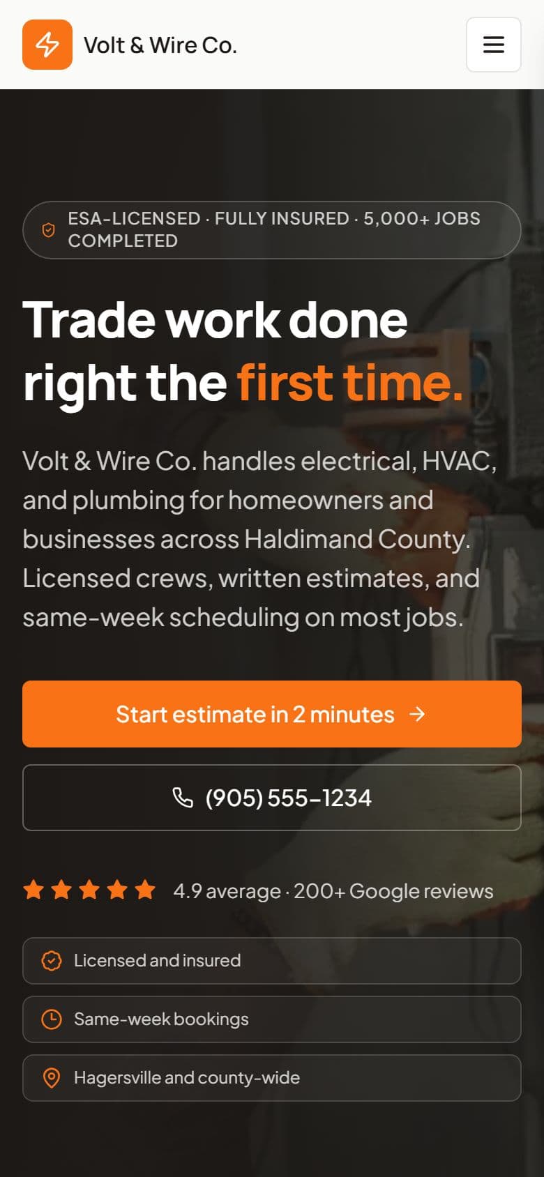 The Volt & Wire homepage on a phone