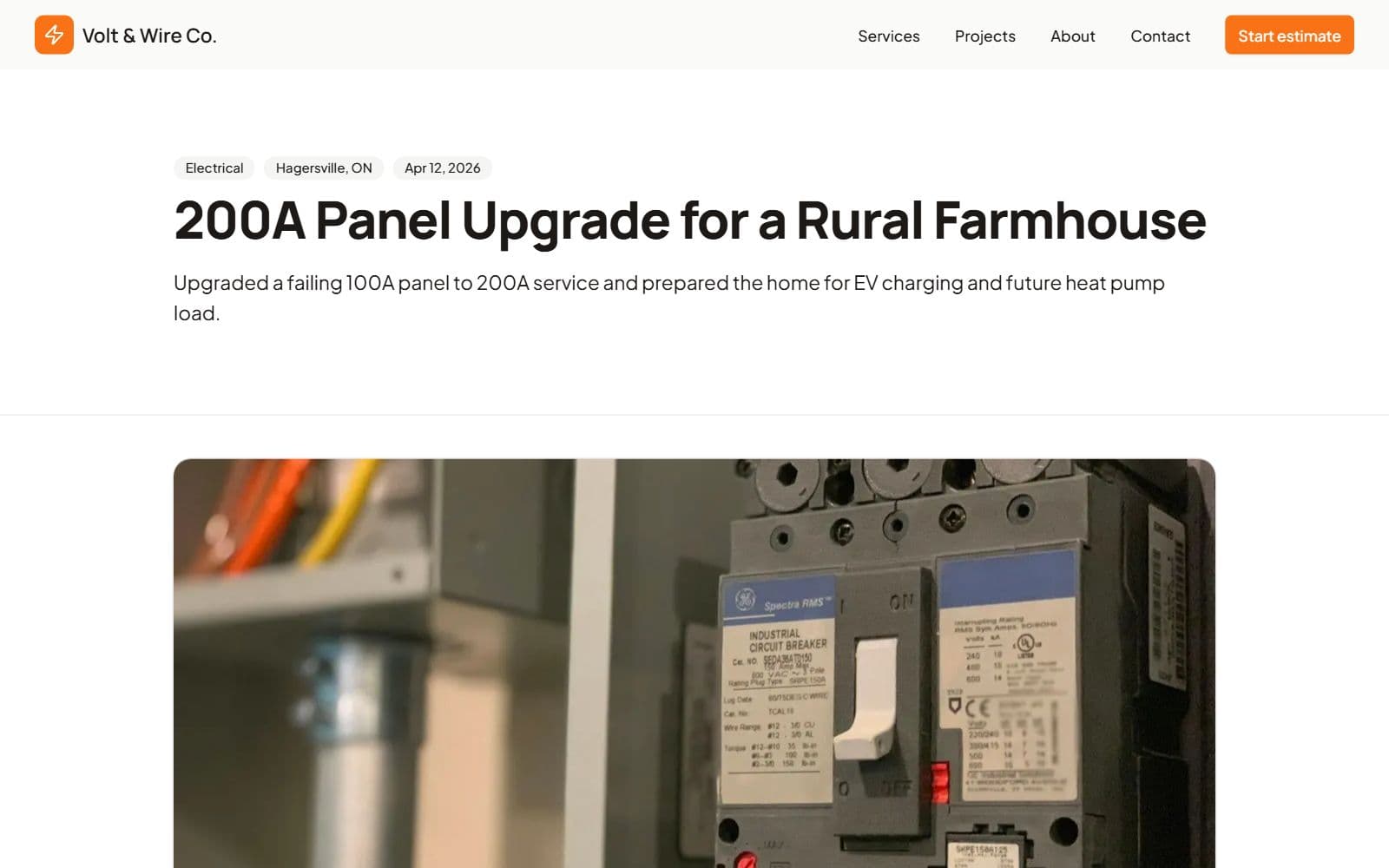 A project page for a 200 amp panel upgrade at a rural farmhouse
